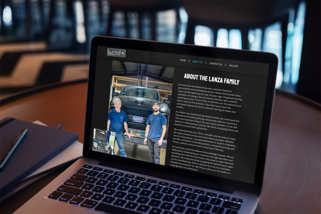 Website mock-up for Lanza Auto on a laptop.